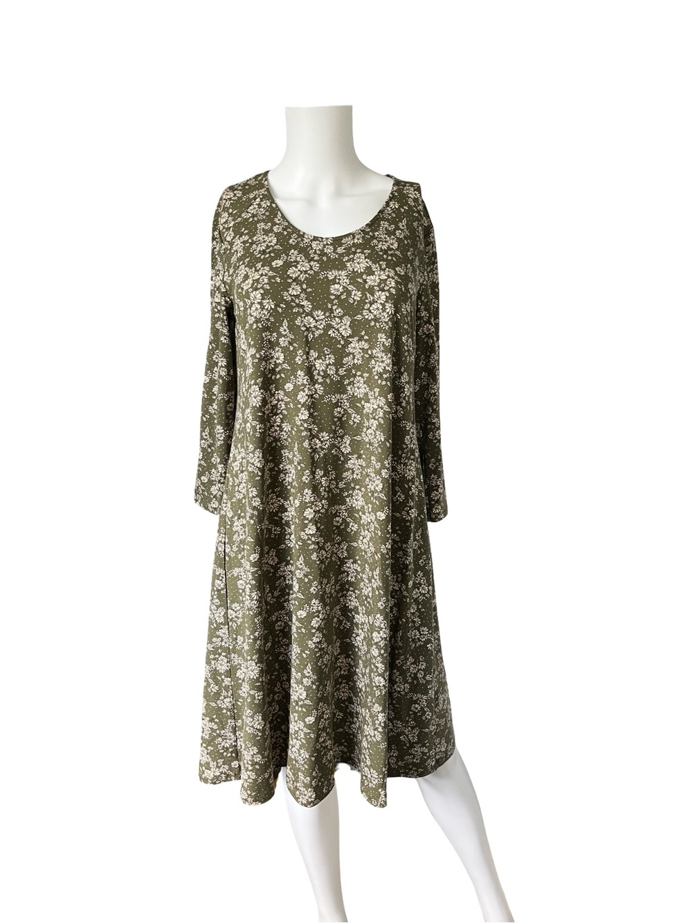Garnet Hill Green Floral Print Dress Long Sleeve Garden Floral Size Small